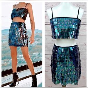 House of Harlow 1960 Iridescent Blue Fringe Skirt Set XXS